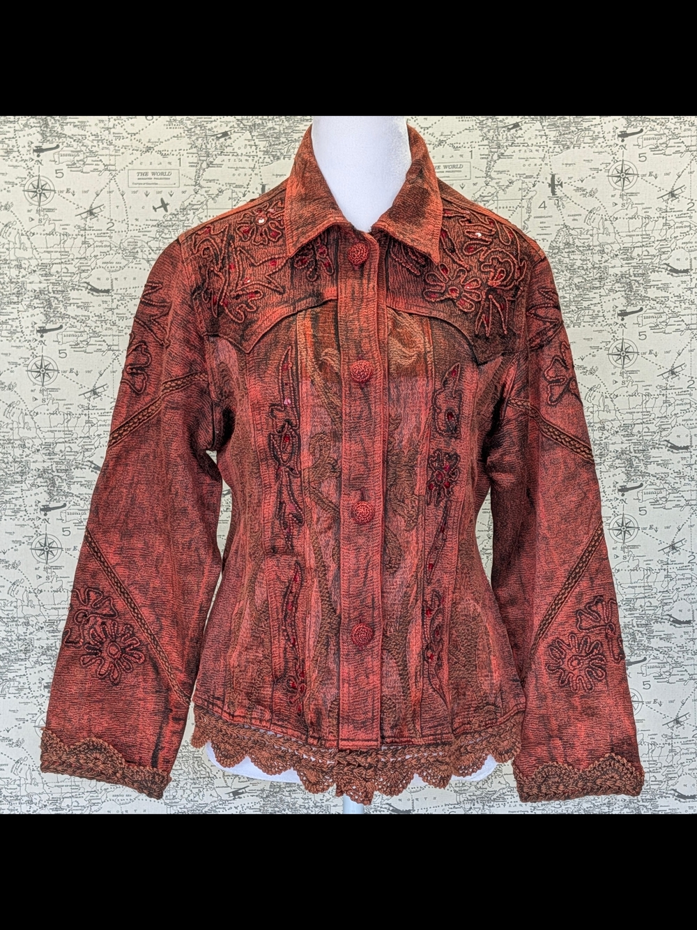 Vintage Flashback Boho Grunge Embroidered Jacket Rust Size Small